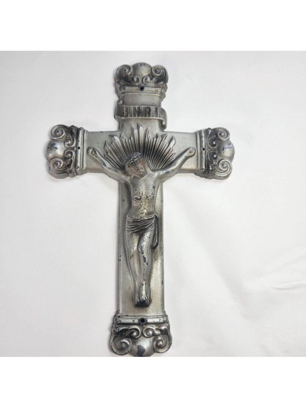 Vintage Crucifix Cast Metal Religious Decor Cross Wall Hanging Jesus 9 1/4" x 6"